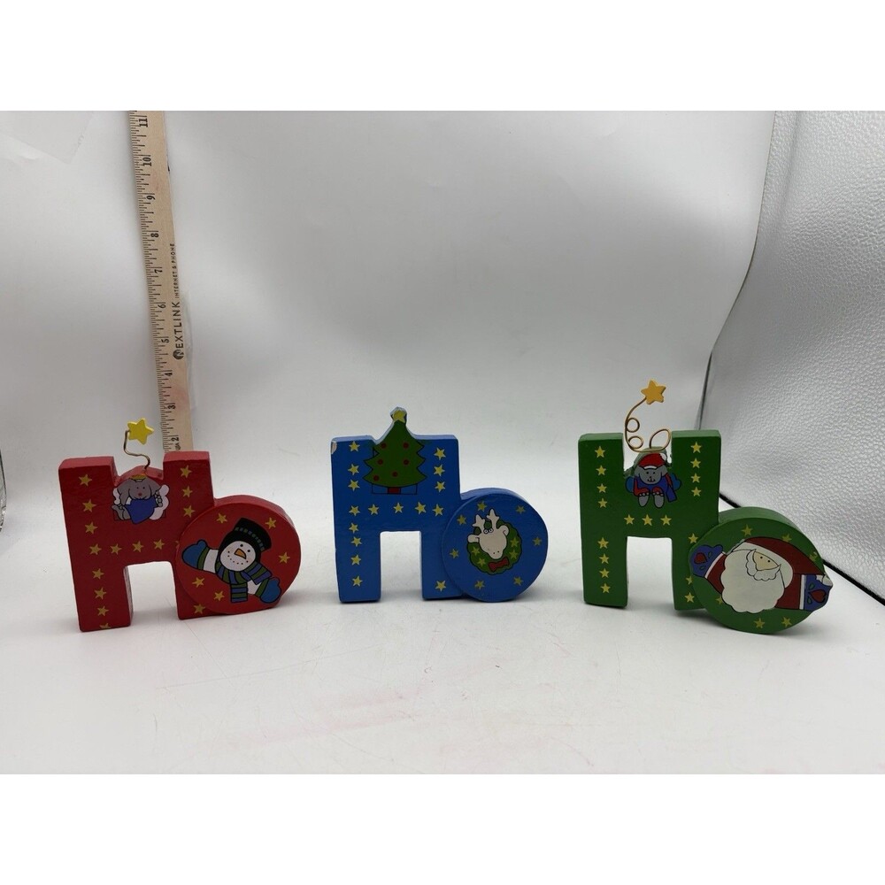 Wood HO HO HO Christmas Shelf Sitter Block  Santa Snowman Reindeer Lot 5.5 X 4”